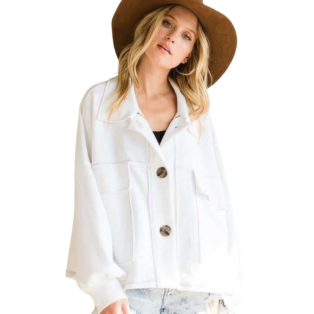 Brand: Bucket List - Oversized French Terry Cotton Jacket - 100% Cotton, Bohemian, BoHo, Clothes, Featured, French Terry, Jacket, Made in America, made in usa, Shacket, Shirt, soft, Spring, Wardrobe Essentials, White, Women - Classy Cozy Cool Boutique