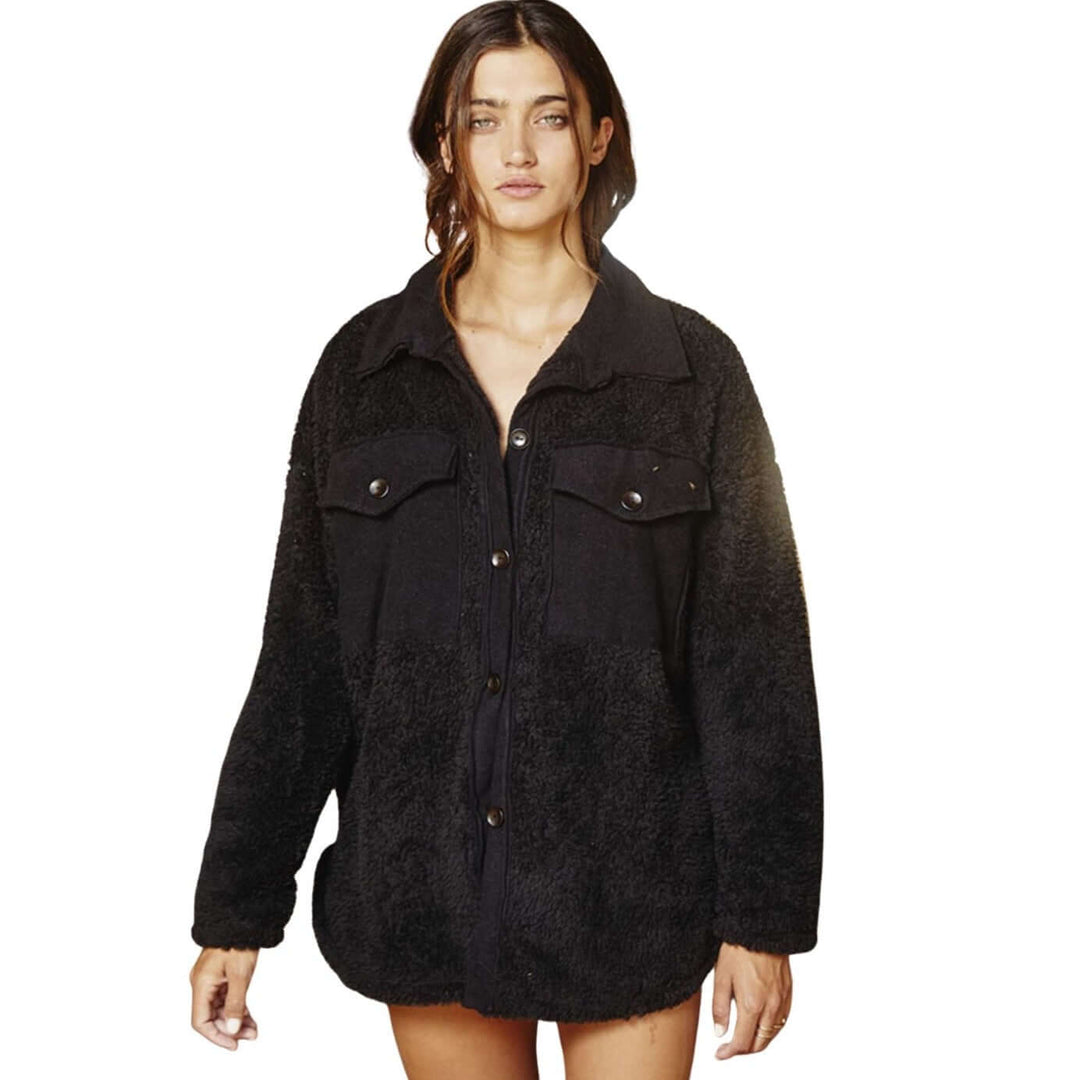 Bucket List Style T1861 Ladies Oversized Soft Teddy Bear Shirt Jacket Available in Black | Made in USA | Made in America Women's Boutique