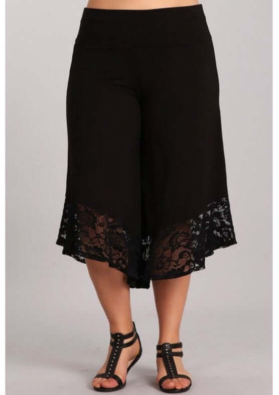 USA Made Plus Size Black Capri Gaucho Wide Leg Pants with Lace Hem, Soft Stretchy Material | Classy Cozy Cool Women's American Clothing Boutique