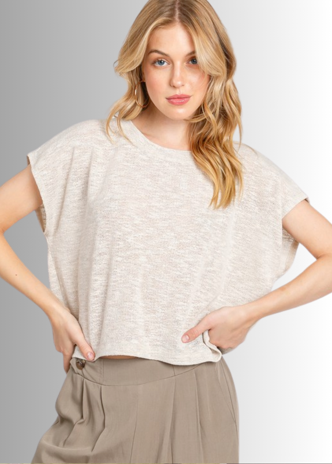 Made in USA Women's Loosely Woven Knit Boxy Top in Oatmeal, Round Neck, Loose Fit, Shorter Waist Length, 68% Polyester 28% Rayon 4% Spandex  | Classy Cozy Cool Made in America Boutique