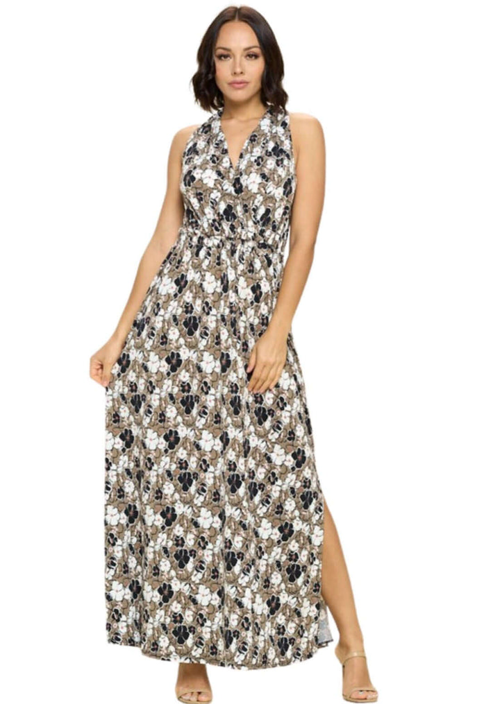 USA Made Ladies Floral Printed Halter Maxi Dress in Taupe with Black, White & Pink Floral Design | Classy Cozy Cool Women's Made in America Boutique