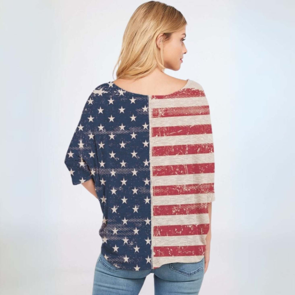 4th of July USA Made Ladies V-Neck Distressed Patriotic Stars & Stripes Dolman Sleeve Top | Made in USA | Classy Cozy Cool Women's American Clothing Boutique