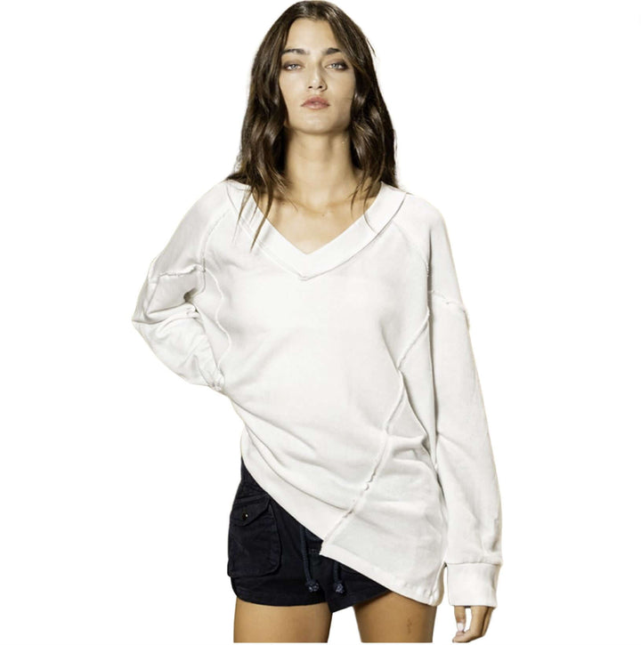 USA Made Women's Oversized Drop Shoulder Cut Out Hem Sweatshirt with Raw Edge Detail in White | Bucket List Clothing Style T2060 | Classy Cozy Cool Made in America Boutique