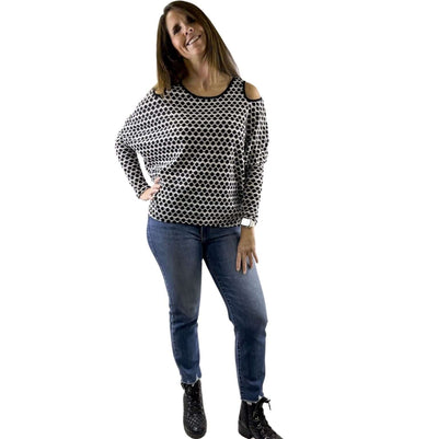 USA Made Ladies' Stylish Cold Shoulder Black & White Dolman Loosely Woven Dolman Top | Classy Cozy Cool Women's Made in America Clothing Boutique