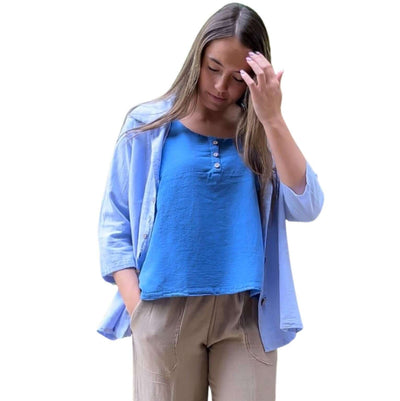 USA Made 100% Cotton Button Detail Sleeveless Top in Blue Made by Sea Breeze of California | Classy Cozy Cool Made in America Women's Clothing Boutique