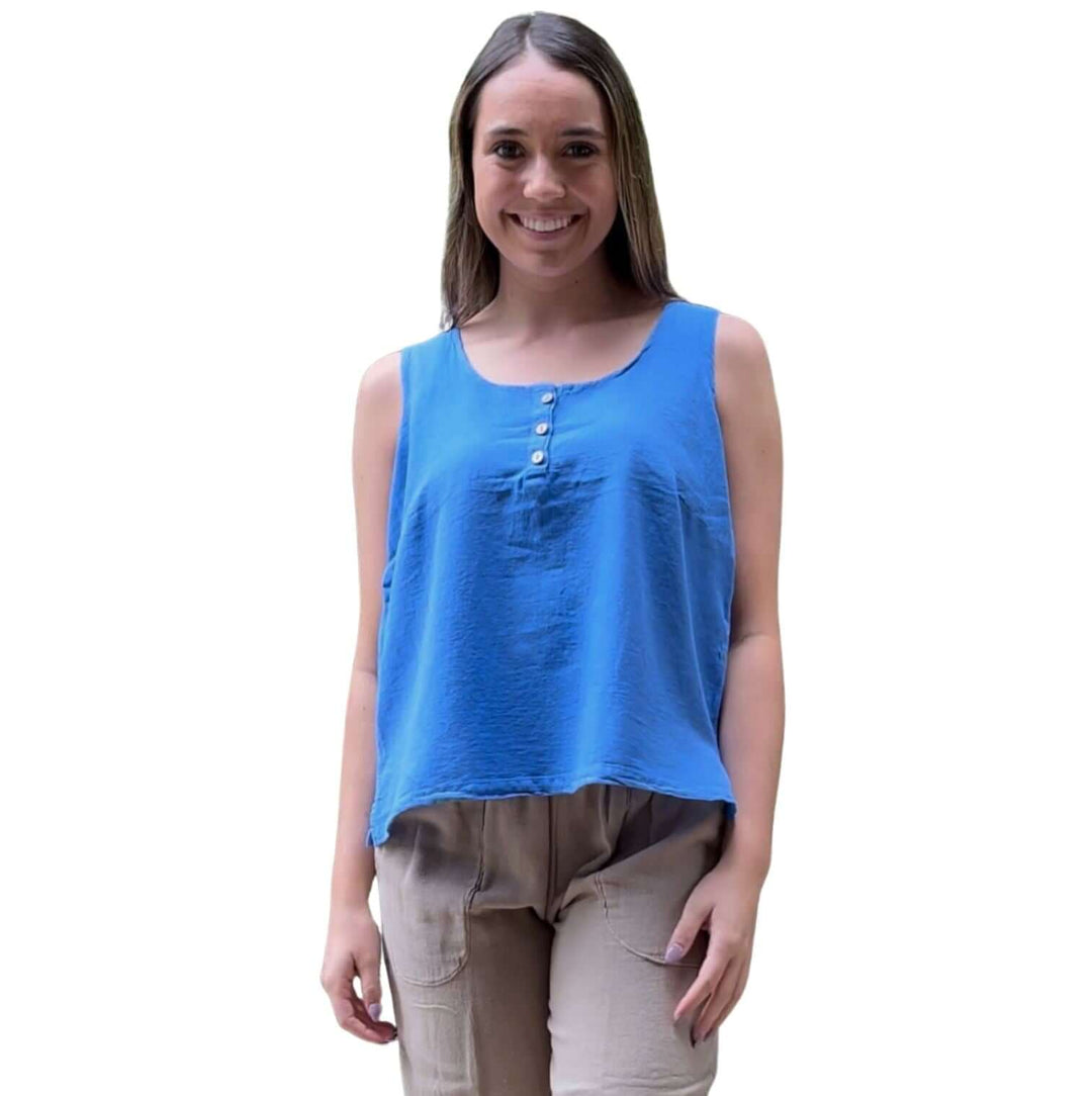 USA Made 100% Cotton Button Detail Sleeveless Top in Blue Made by Sea Breeze of California | Classy Cozy Cool Made in America Women's Clothing Boutique