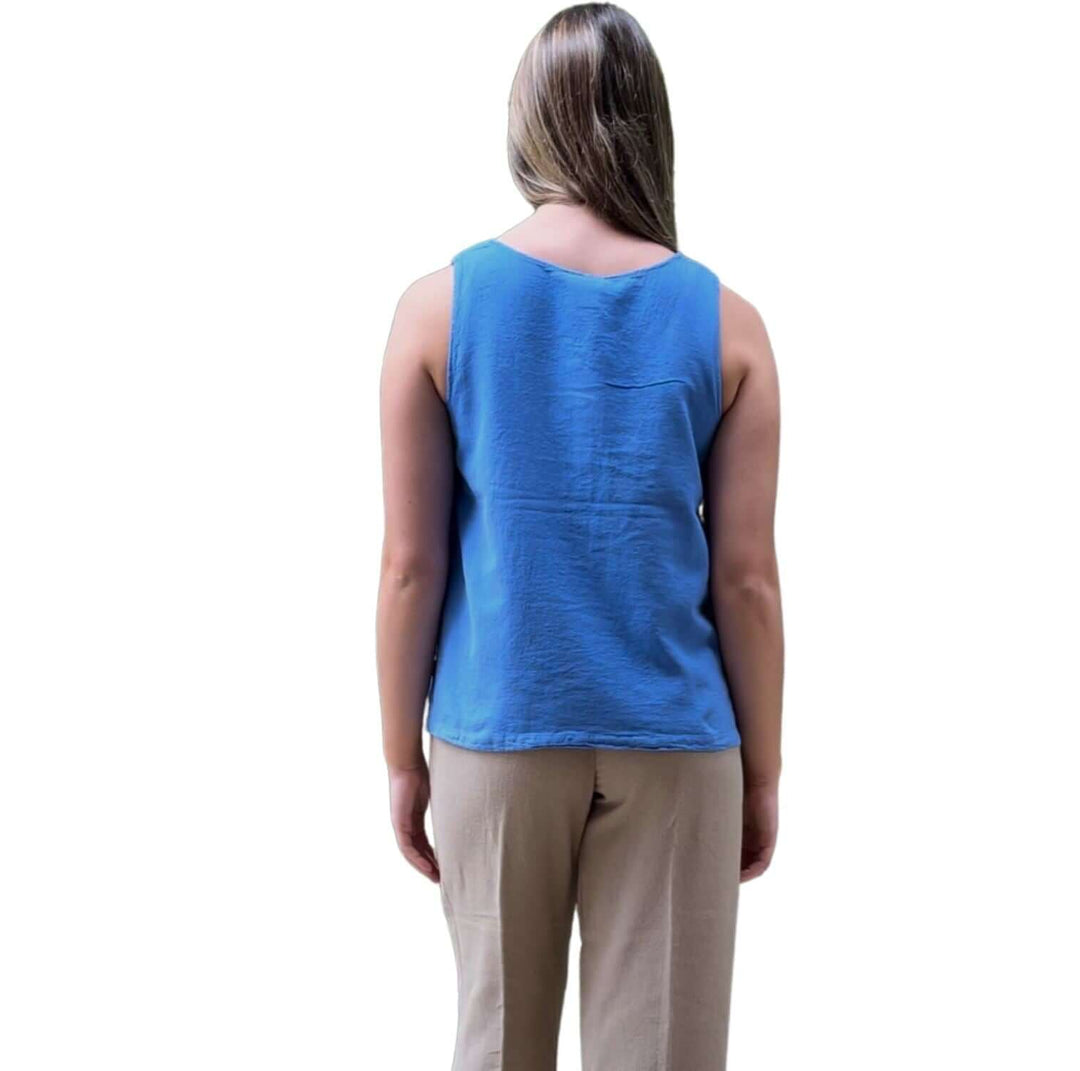 USA Made 100% Cotton Button Detail Sleeveless Top in Blue Made by Sea Breeze of California | Classy Cozy Cool Made in America Women's Clothing Boutique