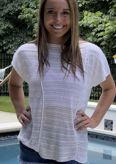 Made in USA Ladies Loose Knitted White Accent Top with Beautiful Crochet Detail | Classy Cozy Cool Women's Made in America Boutique