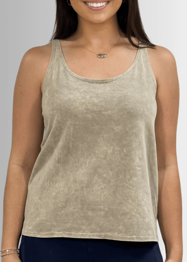 Twenty Four Seven Tank Top | Women's Sustainable and durable premium America-made cotton tank top, in Mineral Washed Vintage Stone Color, Wide Round Neck, Loose Fit, Perfect for Layering | Classy Cozy Cool Style C11315