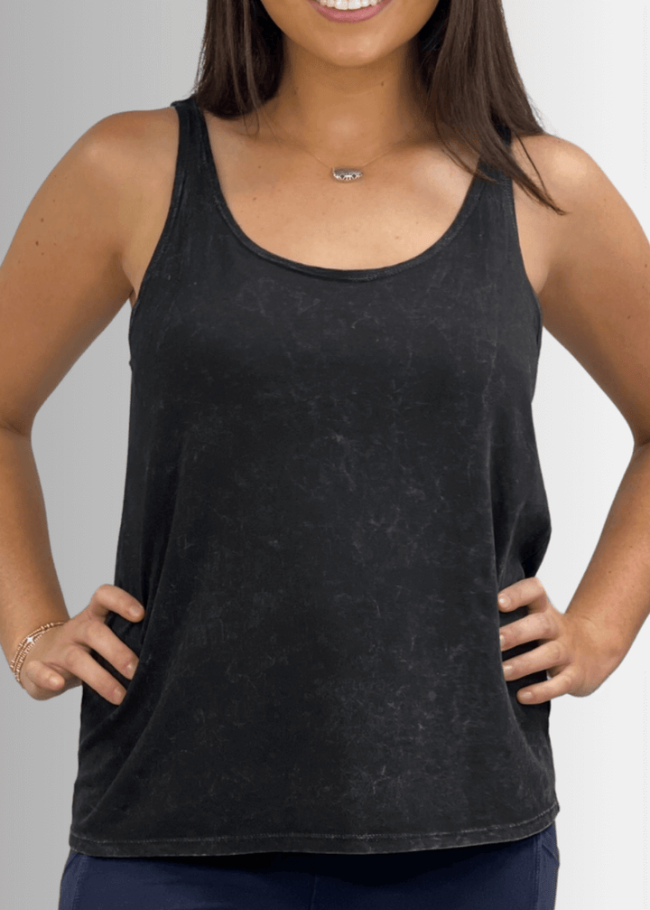 Twenty Four Seven Tank Top | Women's Sustainable and durable premium America-made cotton tank top, in Mineral Washed Vintage Black, Wide Round Neck, Loose Fit, Perfect for Layering | Classy Cozy Cool Style C11315