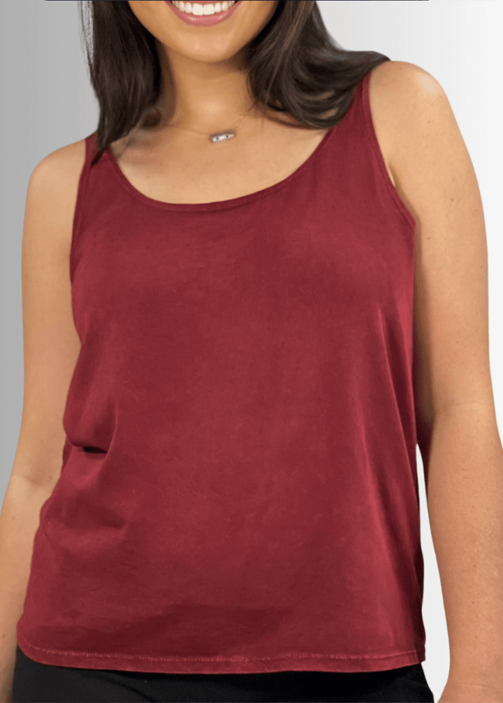 Twenty Four Seven Tank Top | Women's Sustainable and durable premium America-made cotton tank top, in Mineral Washed Vintage Burnt Red Clay, Wide Round Neck, Loose Fit, Perfect for Layering | Classy Cozy Cool Style C11315