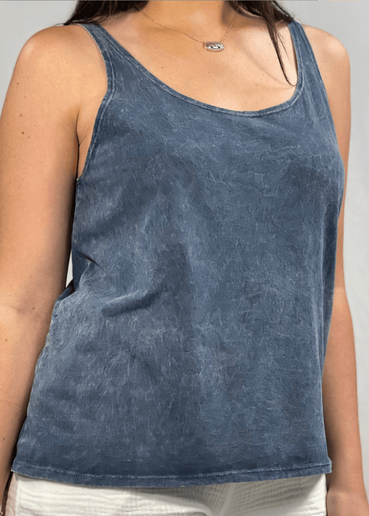Twenty Four Seven Tank Top | Women's Sustainable and durable premium America-made cotton tank top, in Mineral Washed Vintage Dark Grey Blue Color, Wide Round Neck, Loose Fit, Perfect for Layering | Classy Cozy Cool Style C11315
