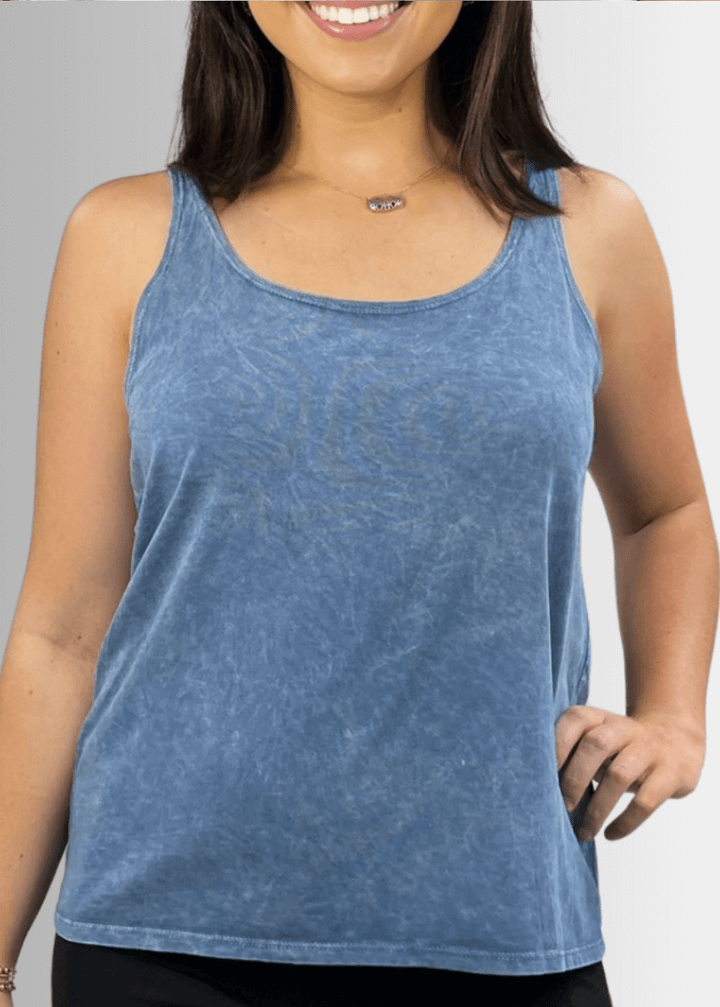 Twenty Four Seven Tank Top | Women's Sustainable and durable premium America-made cotton tank top, in Mineral Washed Vintage Light Denim Blue Color, Wide Round Neck, Loose Fit, Perfect for Layering | Classy Cozy Cool Style C11315