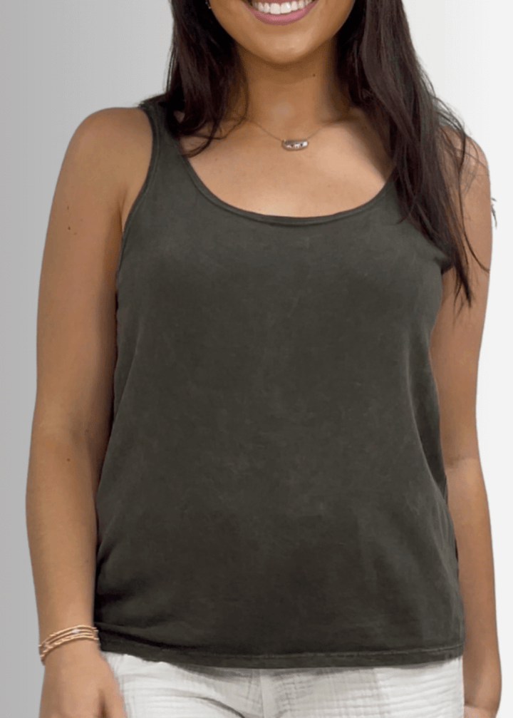Twenty Four Seven Tank Top | Women's Sustainable and durable premium America-made cotton tank top, in Mineral Washed Vintage Dark Moss Green Color, Wide Round Neck, Loose Fit, Perfect for Layering | Classy Cozy Cool Style C11315