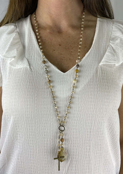 USA Made Beaded Necklace with Cross & Fossil Imprint Natural Stone Wear Long or Short | Fashion Jewelry Handmade in Texas by Carol Su | Made in America Boutique