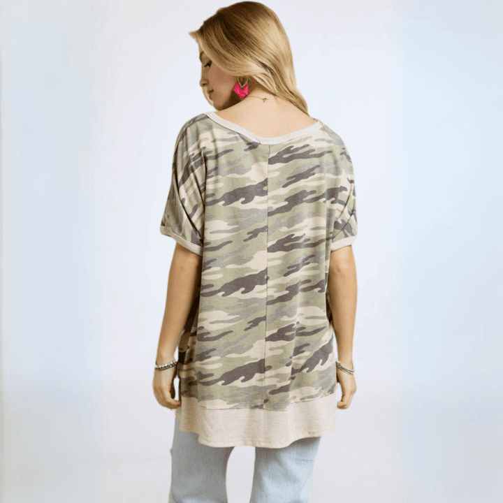 Made in USA Women's Oversized V-Neck Camo Top, Super Soft Material, Lightweight, High Low Longer Length in Back | Classy Cozy Cool Made in America Boutique