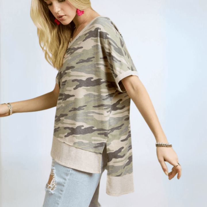 Made in USA Women's Oversized V-Neck Camo Top, Super Soft Material, Lightweight, High Low Longer Length in Back | Classy Cozy Cool Made in America Boutique