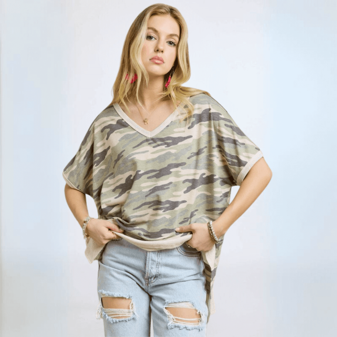 Made in USA Women's Oversized V-Neck Camo Top, Super Soft Material, Lightweight, High Low Longer Length in Back | Classy Cozy Cool Made in America Boutique