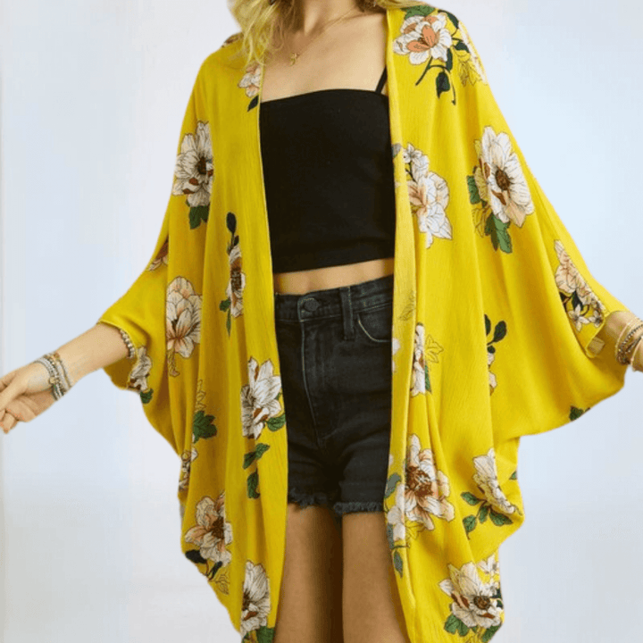 Made in USA Women's Yellow Floral Midi Length Cocoon Shape Kimono Cardigan, Open Front, 3/4 Dolman Style Slouchy Sleeves 