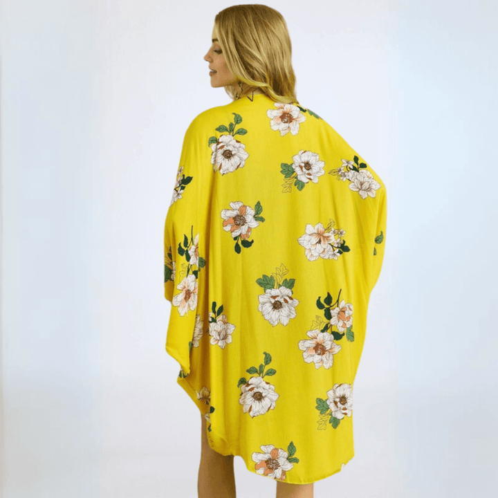 Made in USA Women's Yellow Floral Midi Length Cocoon Shape Kimono Cardigan, Open Front, 3/4 Dolman Style Slouchy Sleeves 