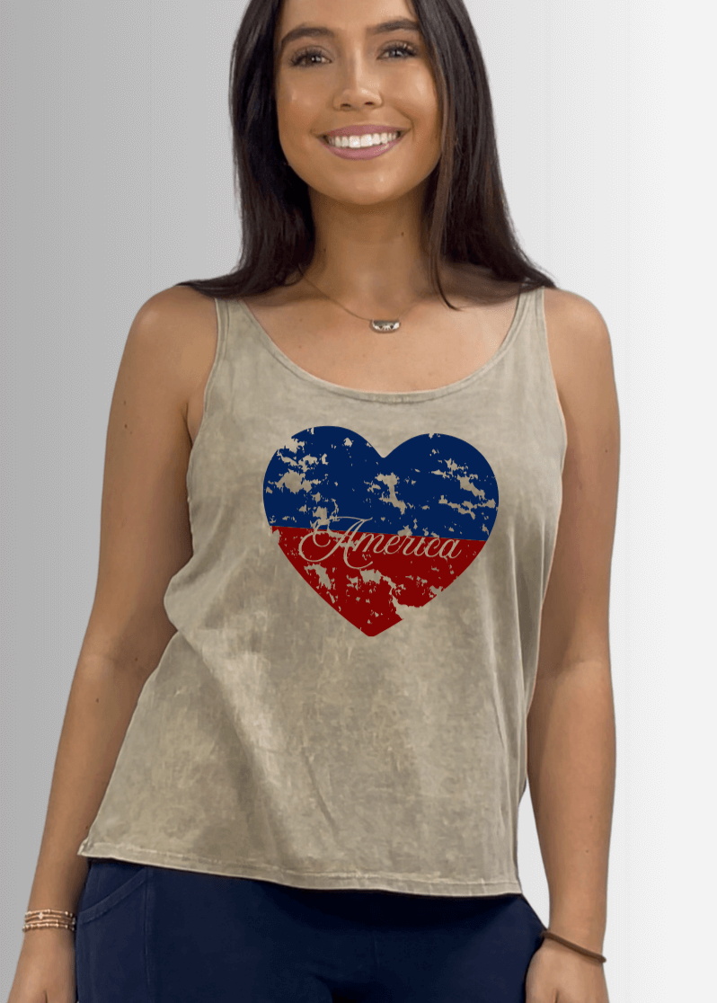 Made in USA Patriotic Distressed Red White and Blue Heart Graphic Loose Fit Tank Top, Twenty Four Seven Tank Top | Women's Sustainable and durable premium America-made cotton tank top, in Mineral Washed Vintage Stone Color, Wide Round Neck, Loose Fit, Perfect for Layering | Classy Cozy Cool Style C11315