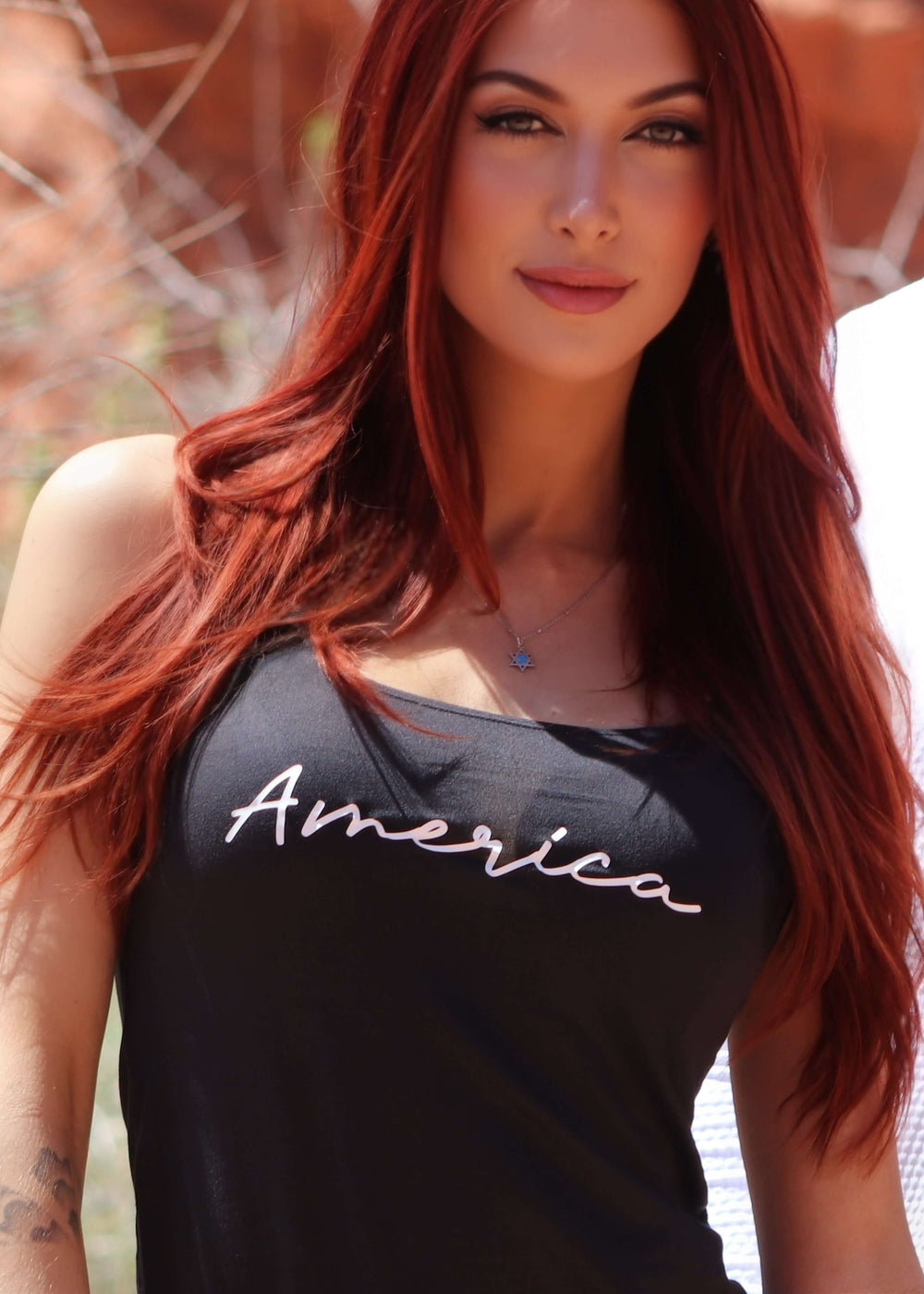 Made in USA WSI Sportswear America Graphic Fitted Tank Top in Black, Buttery Soft SoftTECH™ fabric, Racerback, 4-way stretch, comfort & flexibility