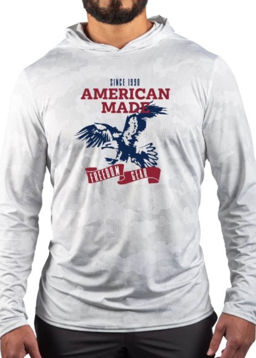 Made in USA WSI Sportswear Men’s American Made Performance Mesh White Out Sun Hoodie. Light Gray, Lightweight, Built-in Sun Protection.