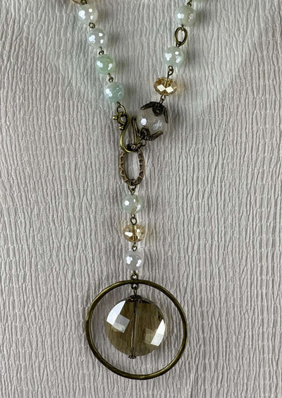 USA Made Natural Stone Beaded Necklace Glass Encircled Pendant Wear Long or Short | Fashion Jewelry Handmade in Texas by Carol Su | Made in America Boutique
