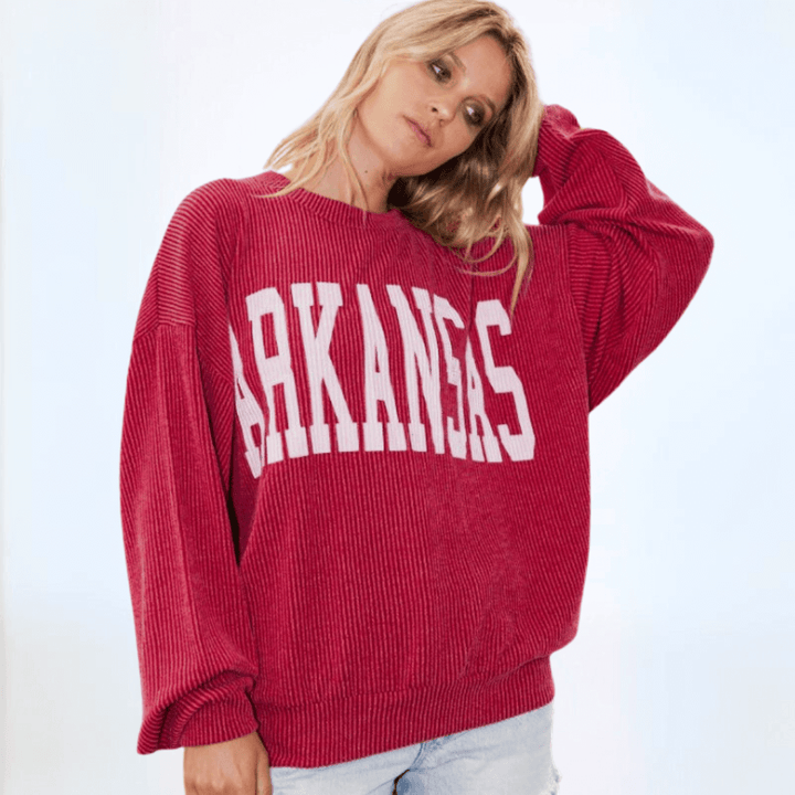 Made in USA Textured "ARKANSAS" Graphic Oversized Game Day Textured Ribbed Sweatshirt with Crew Neck and Long Sleeves  | Bucket List Style T1770