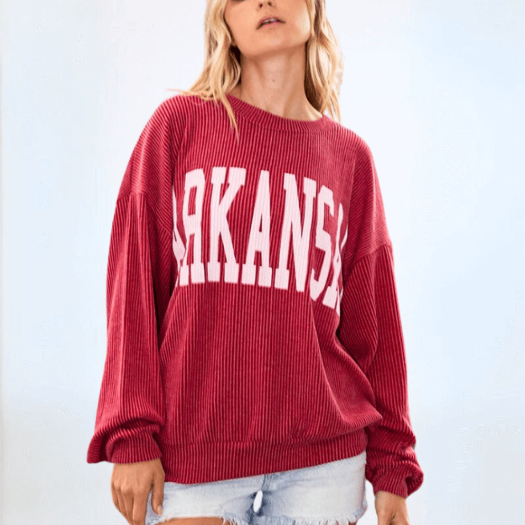 Made in USA Textured "ARKANSAS" Graphic Oversized Game Day Textured Ribbed Sweatshirt with Crew Neck and Long Sleeves  | Bucket List Style T1770