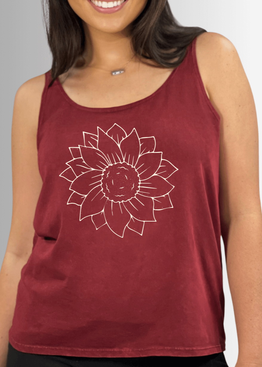 Made in USA Women's Simple Flower Graphic on Sustainable Durable Premium America-made Cotton Tank Top, Mineral Washed Vintage Look | Classy Cozy Cool Made in America Boutique