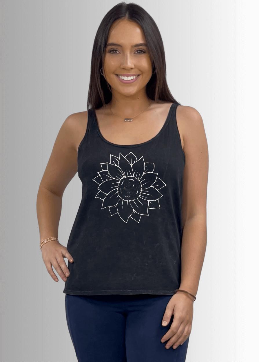 Made in USA Women's Simple Flower Graphic on Sustainable Durable Premium America-made Cotton Tank Top, Mineral Washed Vintage Look | Classy Cozy Cool Made in America Boutique