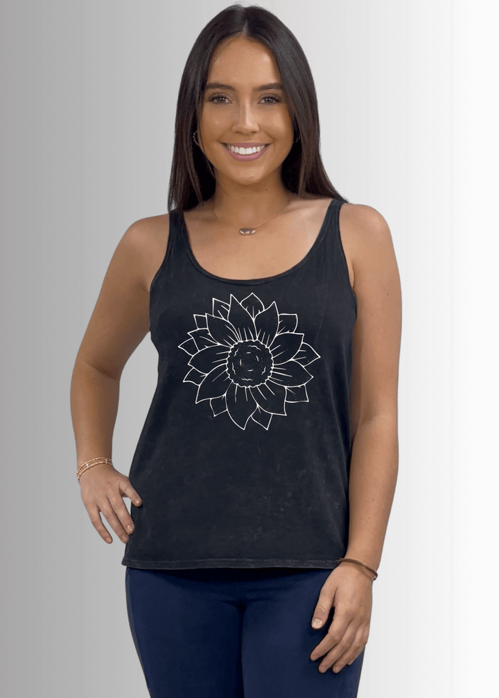 Made in USA Women's Simple Flower Graphic on Sustainable Durable Premium America-made Cotton Tank Top, Mineral Washed Vintage Look | Classy Cozy Cool Made in America Boutique