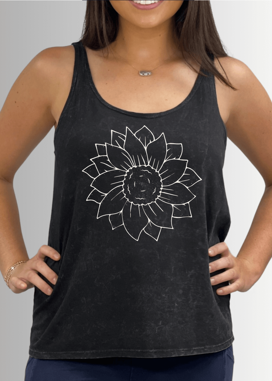 Made in USA Women's Simple Flower Graphic on Sustainable Durable Premium America-made Cotton Tank Top, Mineral Washed Vintage Look | Classy Cozy Cool Made in America Boutique