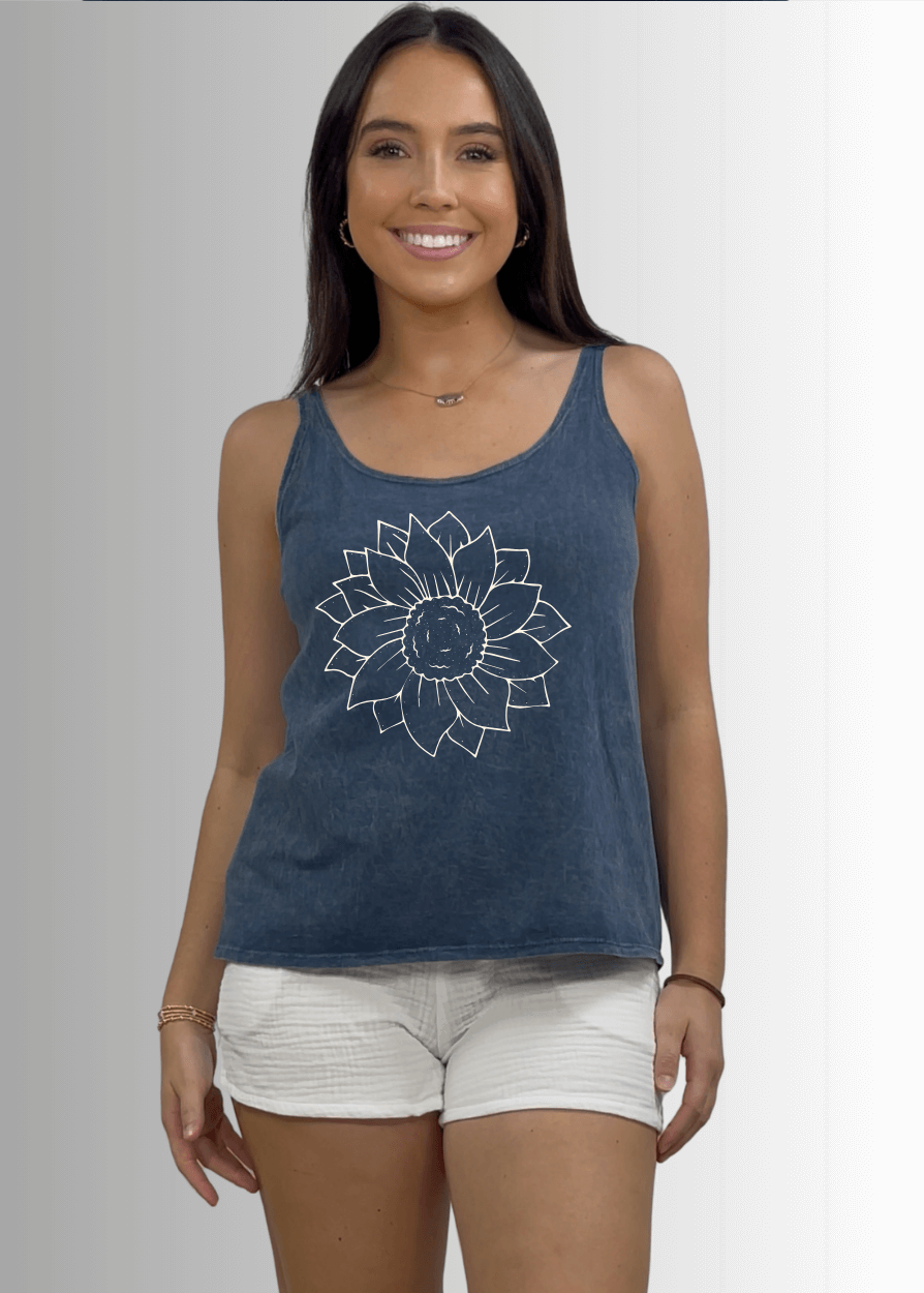 Made in USA Women's Simple Flower Graphic on Sustainable Durable Premium America-made Cotton Tank Top, Mineral Washed Vintage Look | Classy Cozy Cool Made in America Boutique