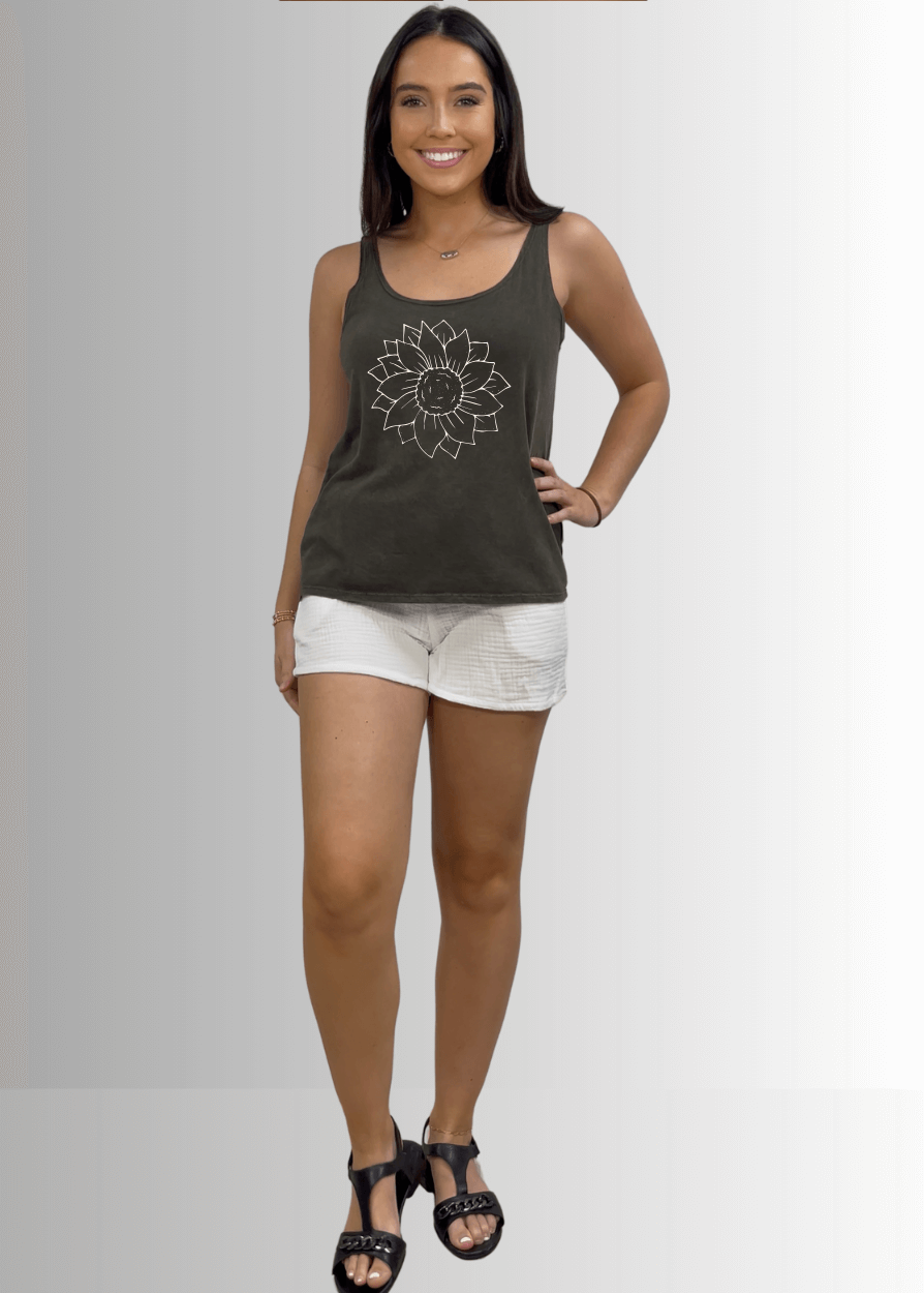 Made in USA Women's Simple Flower Graphic on Sustainable Durable Premium America-made Cotton Tank Top, Mineral Washed Vintage Look | Classy Cozy Cool Made in America Boutique