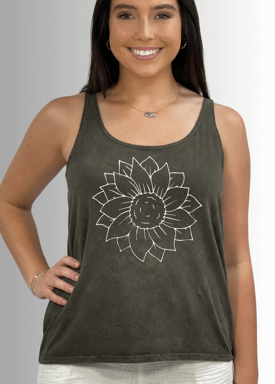 Made in USA Women's Simple Flower Graphic on Sustainable Durable Premium America-made Cotton Tank Top, Mineral Washed Vintage Look | Classy Cozy Cool Made in America Boutique