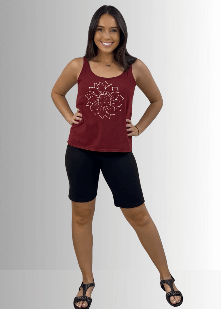 Made in USA Women's Simple Flower Graphic on Sustainable Durable Premium America-made Cotton Tank Top, Mineral Washed Vintage Look | Classy Cozy Cool Made in America Boutique