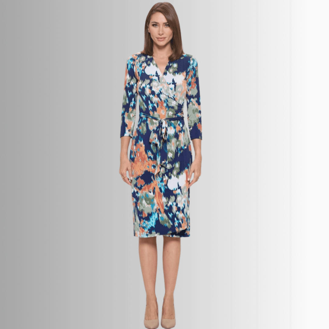 Beautiful Ladies Sienna Print Jersey Midi Wrap Dress with 3/4 Sleeves in Navy, Coral, Green, White & Turquoise | Renee C. Style 4329DR4 | Proudly Made in USA | Classy Cozy Cool Clothing Boutique