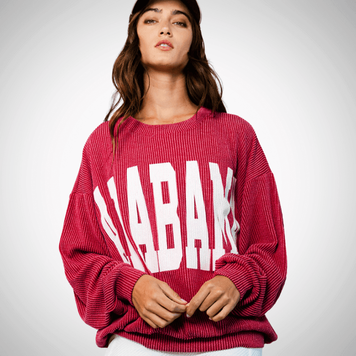 Made in USA Textured "ALABAMA" Graphic Oversized Game Day Textured Ribbed Sweatshirt with Crew Neck and Long Sleeves  | Bucket List Style T1770