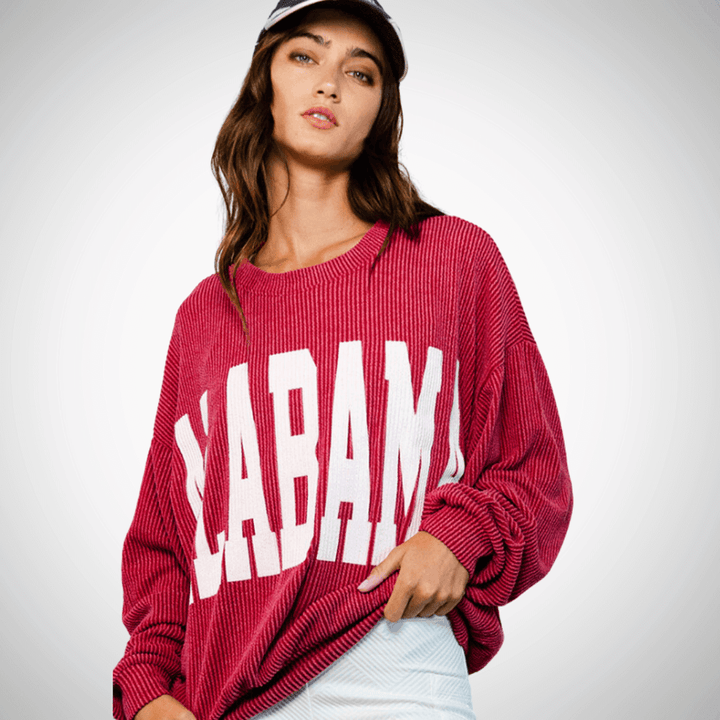 Made in USA Textured "ALABAMA" Graphic Oversized Game Day Textured Ribbed Sweatshirt with Crew Neck and Long Sleeves  | Bucket List Style T1770