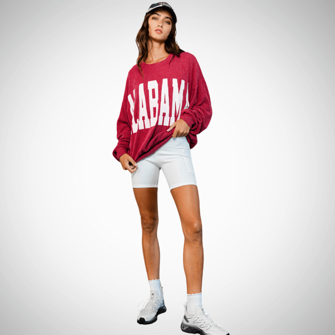 Made in USA Textured "ALABAMA" Graphic Oversized Game Day Textured Ribbed Sweatshirt with Crew Neck and Long Sleeves  | Bucket List Style T1770