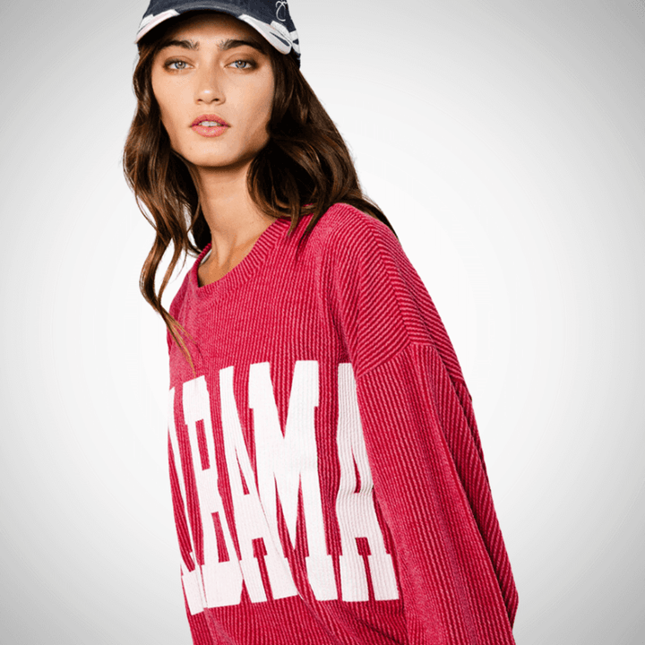 Made in USA Textured "ALABAMA" Graphic Oversized Game Day Textured Ribbed Sweatshirt with Crew Neck and Long Sleeves  | Bucket List Style T1770