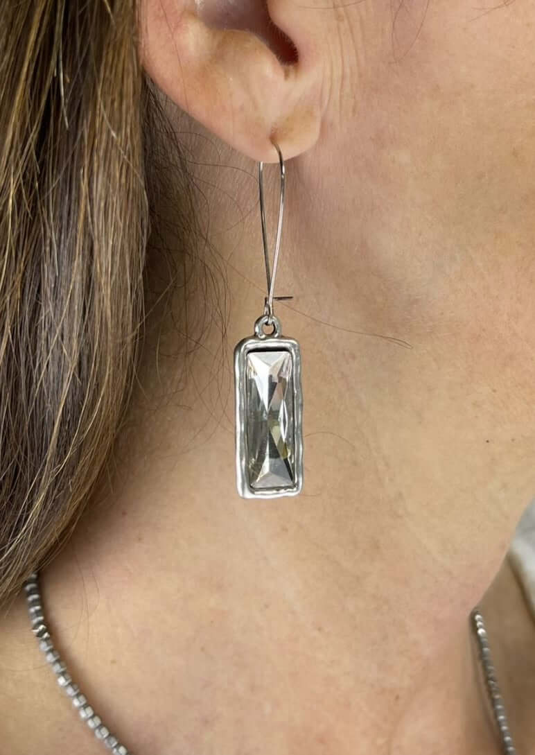 USA Made Dangle Pendant Earrings Enclosed in a Hammered Metal Rectangle | Fashion Jewelry Handmade in Texas by Carol Su | Classy Cozy Cool Made in America Boutique