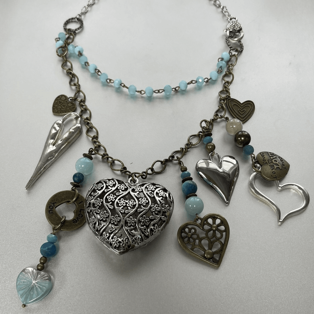 Natural Stone Jewelry Designed and Made in USA, Unique One-of-a-kind Vintage Inspired Heart Pendants Light Aquamarine Double Layered Statement Necklace 