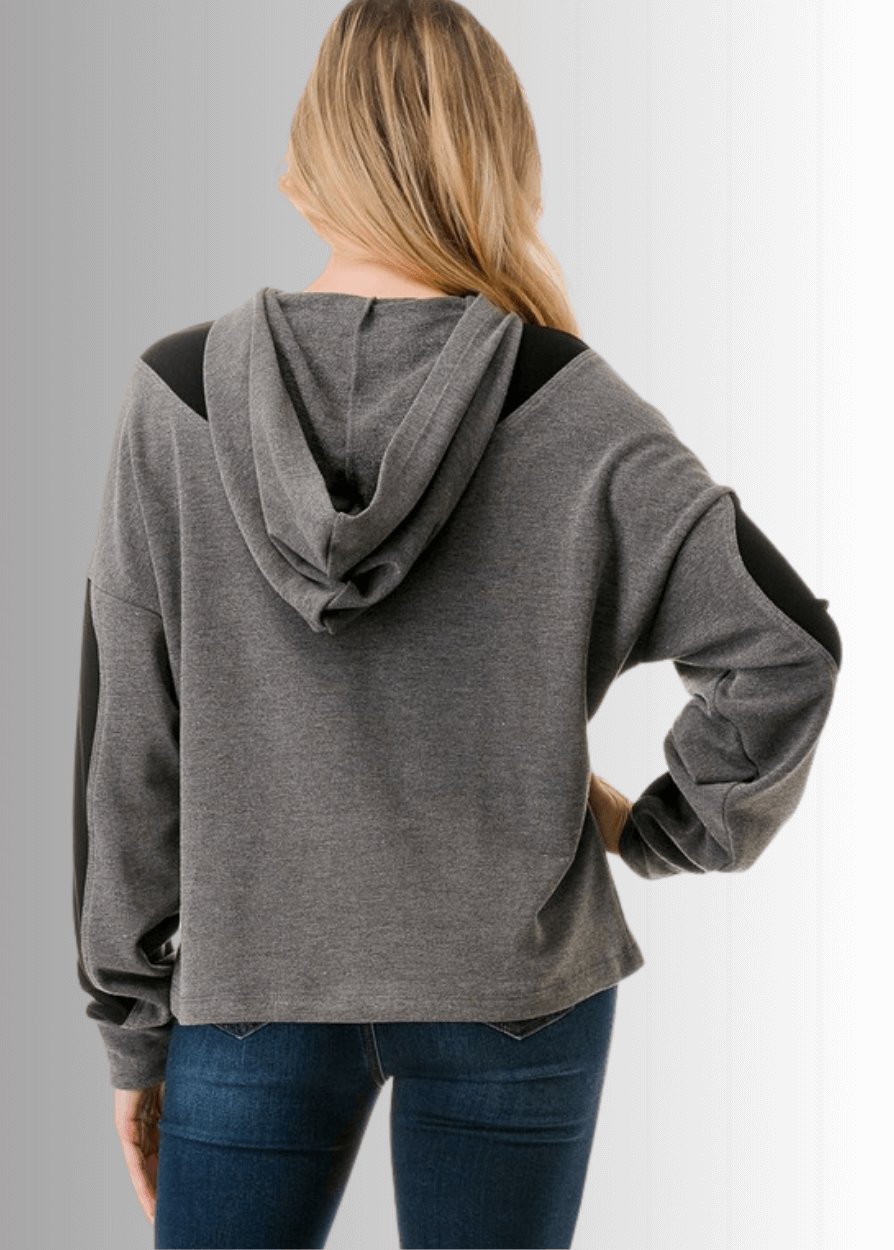 Made in USA Women's Black and Gray Medium Weight Color Block Relaxed Fit Quarter Zip Hoodie, Two Color Variations Available