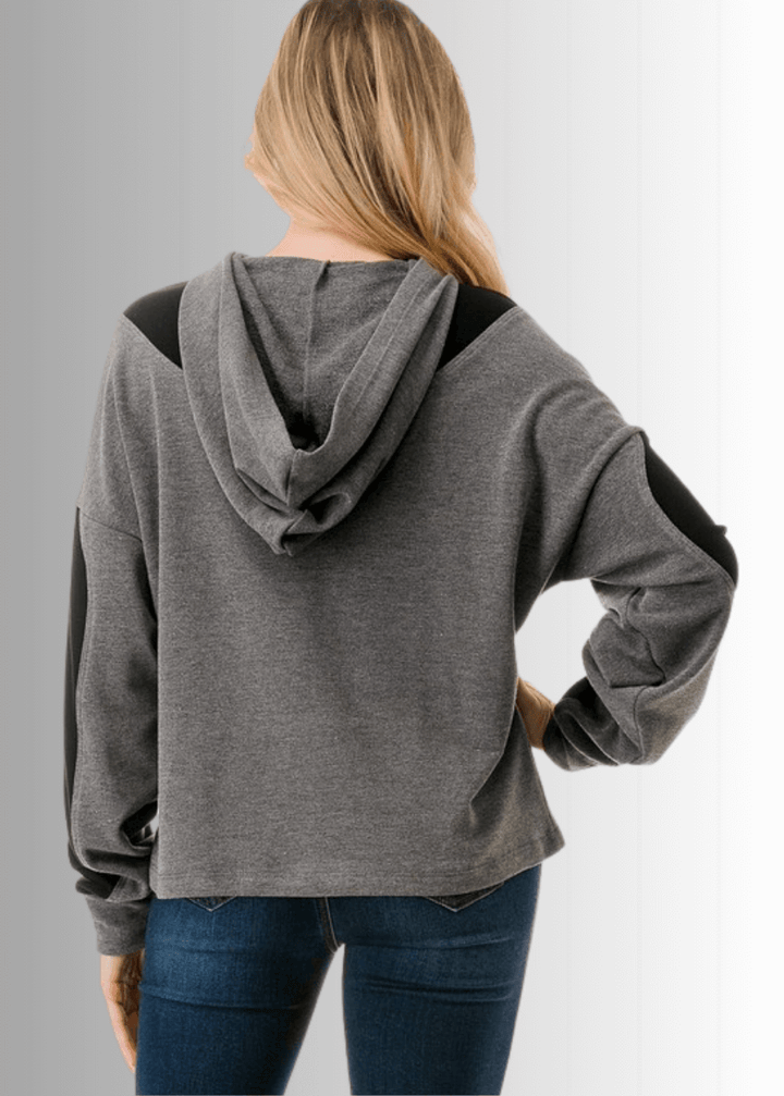 Made in USA Women's Black and Gray Medium Weight Color Block Relaxed Fit Quarter Zip Hoodie, Two Color Variations Available
