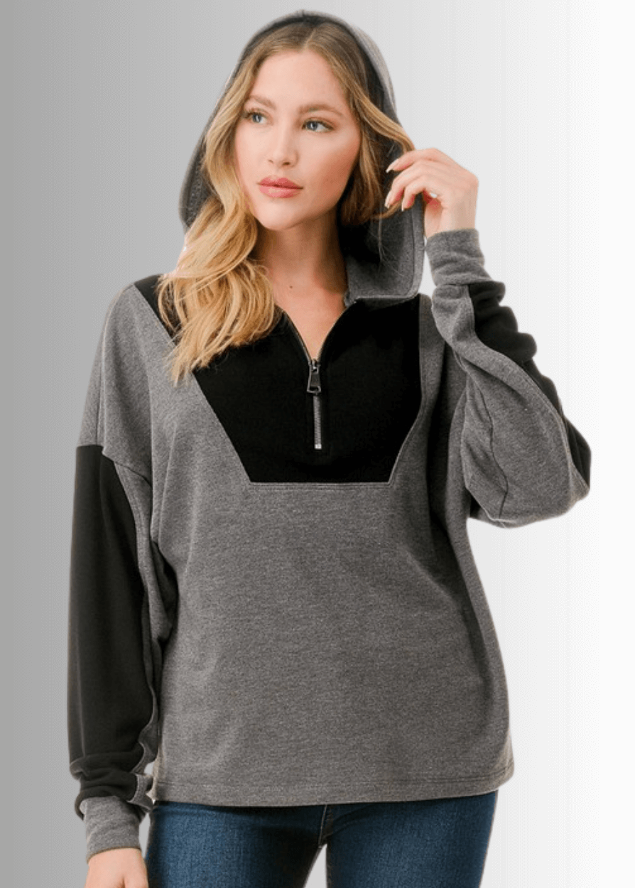 Made in USA Women's Black and Gray Medium Weight Color Block Relaxed Fit Quarter Zip Hoodie, Two Color Variations Available