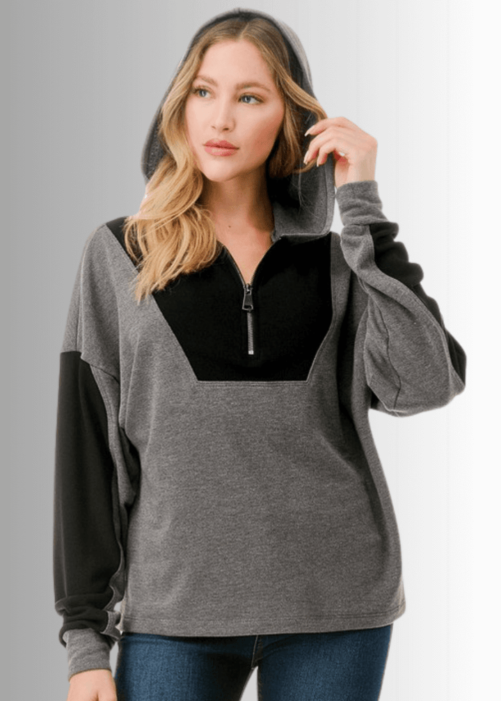 Made in USA Women's Black and Gray Medium Weight Color Block Relaxed Fit Quarter Zip Hoodie, Two Color Variations Available