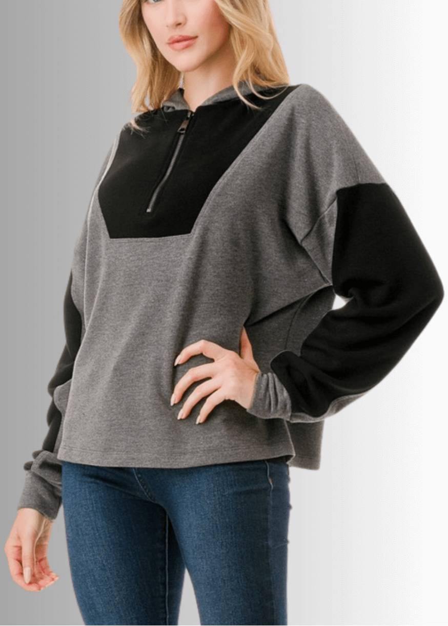 Made in USA Women's Black and Gray Medium Weight Color Block Relaxed Fit Quarter Zip Hoodie, Two Color Variations Available
